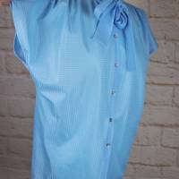 Vintage Sommer Bluse Kurzarm Josi Style Größe 40 Hellblau Karo Schluppenbluse Blusentop Stehkragen Bild 3