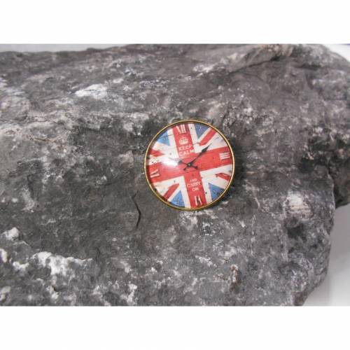 Bronze London England Flagge  Brosche 25 mm  rund mit Glascabochon