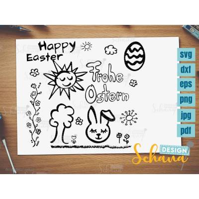 Ostern Doodle Set Frohe Hase Frühling SVG Plotterdatei Vektorgrafik dxf eps Digistamp png jpg pdf lasercut basteln