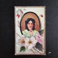 Grußkarte gemalte Frau im Bilderrahmen mit Blumen, Schwabe, E.B.D. Serie 4308/1 Bild 1