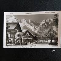 vintage, Postkarte, Ansichtskarte, Garmisch, Marktplatz gegen Zugspitzgruppe, ca. 40/50er Jahre, Bild 1