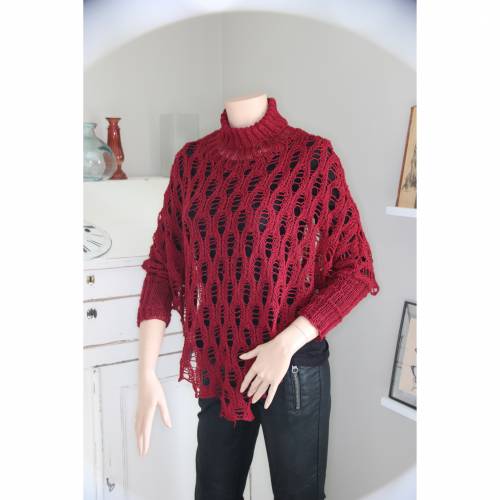 Überwurf / Poncho-Pulli mit Lochmuster und Rollkragen - handgestrickt, Gr. 34-42