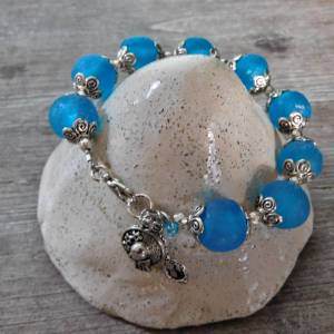 Armband aus afrikanischen Krobo Recyclingglas Perlen - türkis-blau,silber - 21 cm Bild 7
