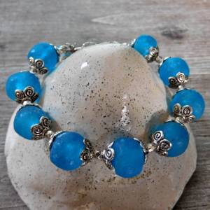 Armband aus afrikanischen Krobo Recyclingglas Perlen - türkis-blau,silber - 21 cm Bild 8