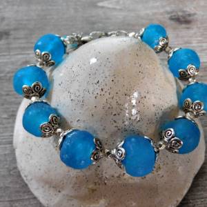 Armband aus afrikanischen Krobo Recyclingglas Perlen - türkis-blau,silber - 21 cm Bild 9