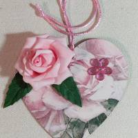 Dekoherz aus Holz und Serviettentechnik mit rosaner Rose Bild 1