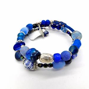 Armband - Spiralarmband in Silber und Blau- Perlenmix - 2 Windungen Bild 1