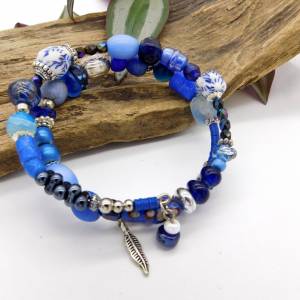 Armband - Spiralarmband in Silber und Blau- Perlenmix - 2 Windungen Bild 3