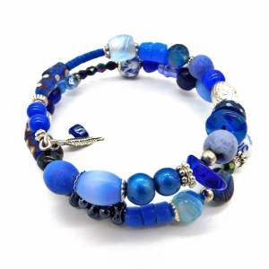 Armband - Spiralarmband in Silber und Blau- Perlenmix - 2 Windungen Bild 5