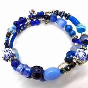 Armband - Spiralarmband in Silber und Blau- Perlenmix - 2 Windungen Bild 7