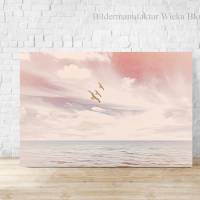 SEHNSUCHT Maritimes Bild auf Holz, Leinwand,Kunstdruck Wandbild Landhausstil Rosa Romantisch Verträumt Himmel Meer Möwen Bild 1