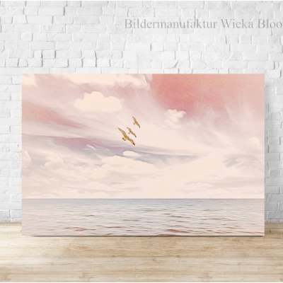 SEHNSUCHT Maritimes Bild auf Holz, Leinwand,Kunstdruck Wandbild Landhausstil Rosa Romantisch Verträumt Himmel Meer Möwen