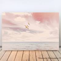 SEHNSUCHT Maritimes Bild auf Holz, Leinwand,Kunstdruck Wandbild Landhausstil Rosa Romantisch Verträumt Himmel Meer Möwen Bild 2