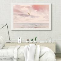 SEHNSUCHT Maritimes Bild auf Holz, Leinwand,Kunstdruck Wandbild Landhausstil Rosa Romantisch Verträumt Himmel Meer Möwen Bild 3