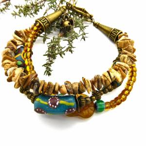 Armband - 3-reihig - Braun,Beige,Grün,Bronze - afrikanische bemalte Pulverglasperlen, Jaspis - Charms Bild 9