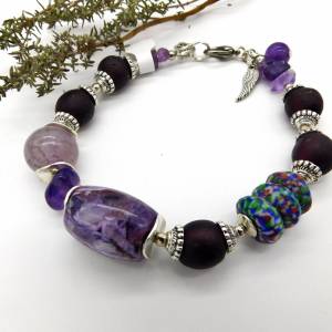 Armband - lila Traum - recycled Beads, Recyclingglasperlen, lila Jaspis, violetter Crack-Achat, Amethyst - ca.21,5cm ver Bild 1