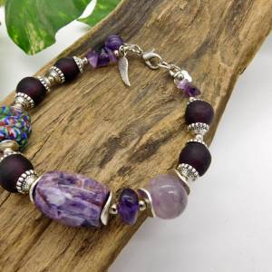 Armband - lila Traum - recycled Beads, Recyclingglasperlen, lila Jaspis, violetter Crack-Achat, Amethyst - ca.21,5cm ver Bild 3