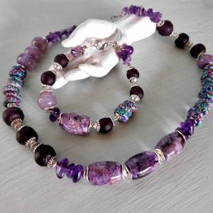 Armband - lila Traum - recycled Beads, Recyclingglasperlen, lila Jaspis, violetter Crack-Achat, Amethyst - ca.21,5cm ver Bild 9