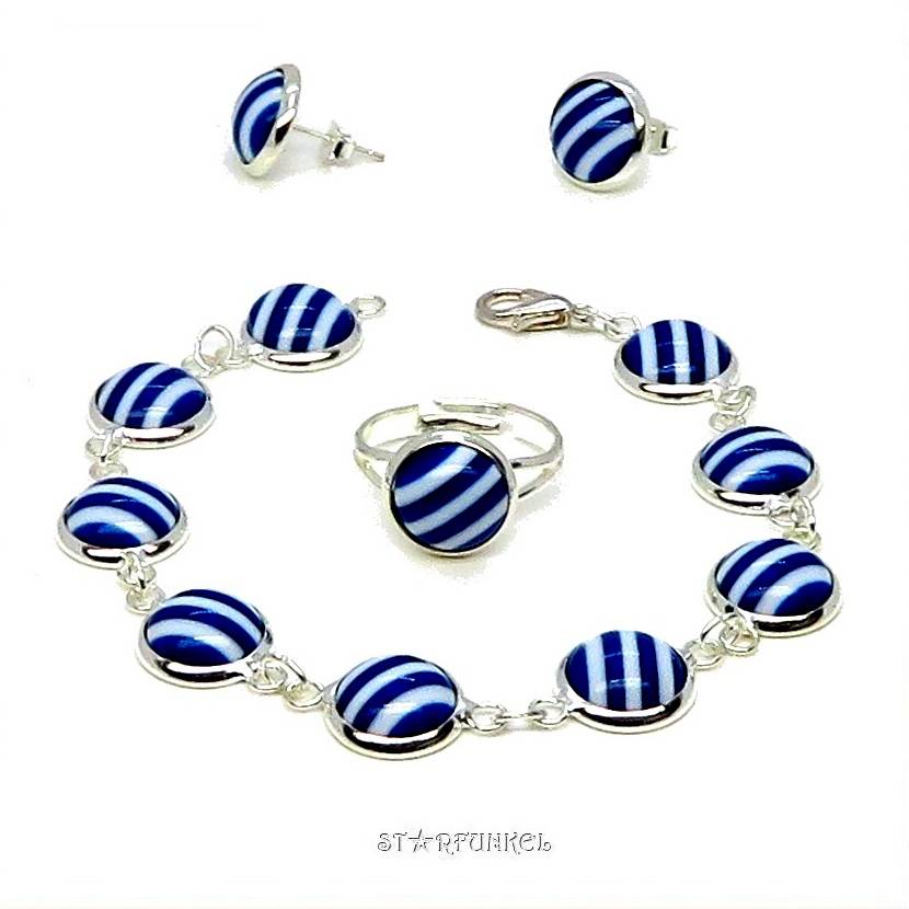 Schmuckset "Stripes" Streifen Armband, Ohrstecker und Ring mit Cabochon maritim blau weiß gestreift 10mm, versil Bild 1