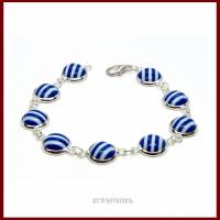 Schmuckset "Stripes" Streifen Armband, Ohrstecker und Ring mit Cabochon maritim blau weiß gestreift 10mm, versil Bild 3