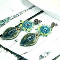 lässige boho ohrstecker, geschenk, ohrringe, beadwork, keramik, glasperlen, blau, grün Bild 4