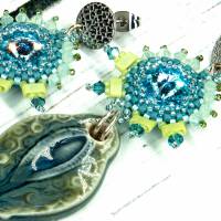 lässige boho ohrstecker, geschenk, ohrringe, beadwork, keramik, glasperlen, blau, grün Bild 6