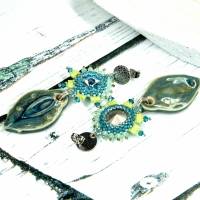lässige boho ohrstecker, geschenk, ohrringe, beadwork, keramik, glasperlen, blau, grün Bild 8
