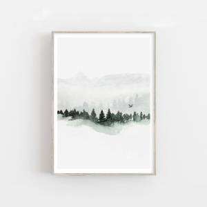 Kunstdruck Aquarell Nebel, Berge Kunstdruck, skandinavische Wandkunst, Wohnzimmer Kunst Poster Bild 1