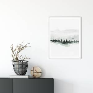 Kunstdruck Aquarell Nebel, Berge Kunstdruck, skandinavische Wandkunst, Wohnzimmer Kunst Poster Bild 3