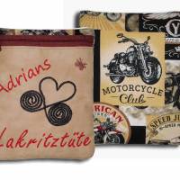 Bestickte Tasche Täschchen Lakritztüte Motorräder Mäppchen Stoffbeutel für Süßes Kleinkram Stiftemappe Geschenkidee Bild 1