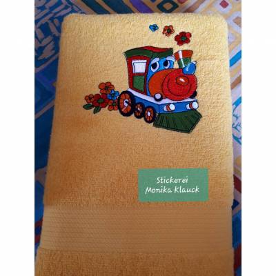 Handtuch, gelb, 50 x 100, mit Lokomotive und nach Wunsch mit Namen