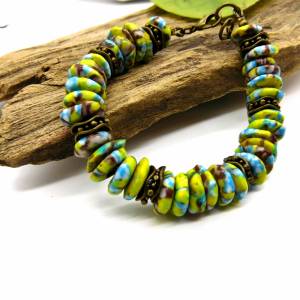 Armband - handgemachte Recycled Beads-Rondelle mit Bronze - blau,gelb,braun - 19-19,5cm Bild 2