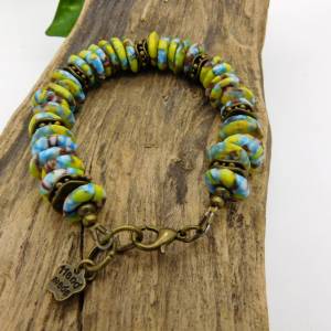 Armband - handgemachte Recycled Beads-Rondelle mit Bronze - blau,gelb,braun - 19-19,5cm Bild 3