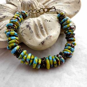 Armband - handgemachte Recycled Beads-Rondelle mit Bronze - blau,gelb,braun - 19-19,5cm Bild 4