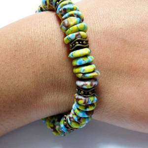 Armband - handgemachte Recycled Beads-Rondelle mit Bronze - blau,gelb,braun - 19-19,5cm Bild 5