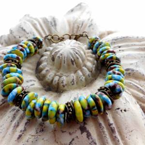 Armband - handgemachte Recycled Beads-Rondelle mit Bronze - blau,gelb,braun - 19-19,5cm Bild 6