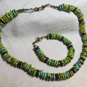 Armband - handgemachte Recycled Beads-Rondelle mit Bronze - blau,gelb,braun - 19-19,5cm Bild 7