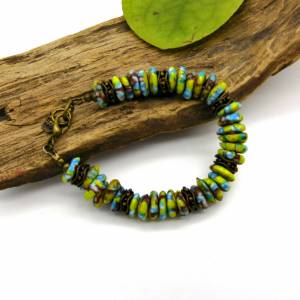 Armband - handgemachte Recycled Beads-Rondelle mit Bronze - blau,gelb,braun - 19-19,5cm Bild 8