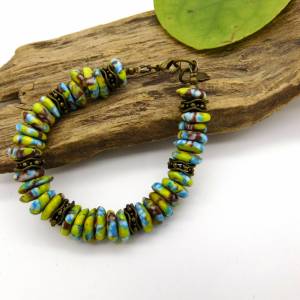 Armband - handgemachte Recycled Beads-Rondelle mit Bronze - blau,gelb,braun - 19-19,5cm Bild 9