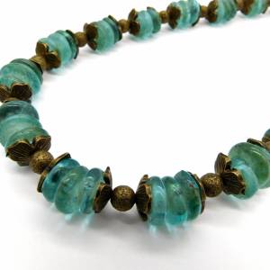 Halskette - afrikanische handgemachte Recycled-Glas-Rondelle - aquablau, bronze - 46,3cm Bild 2