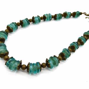 Halskette - afrikanische handgemachte Recycled-Glas-Rondelle - aquablau, bronze - 46,3cm Bild 3
