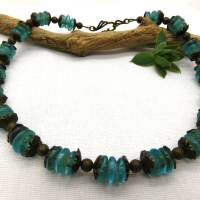 Halskette - afrikanische handgemachte Recycled-Glas-Rondelle - aquablau, bronze - 46,3cm Bild 4