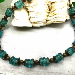 Halskette - afrikanische handgemachte Recycled-Glas-Rondelle - aquablau, bronze - 46,3cm Bild 5