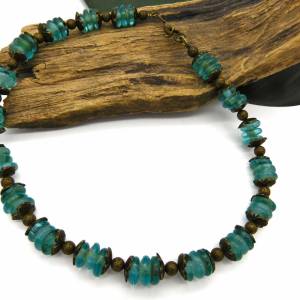Halskette - afrikanische handgemachte Recycled-Glas-Rondelle - aquablau, bronze - 46,3cm Bild 7