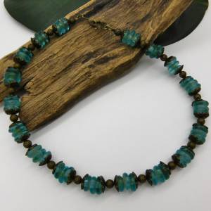 Halskette - afrikanische handgemachte Recycled-Glas-Rondelle - aquablau, bronze - 46,3cm Bild 8