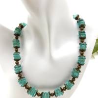 Halskette - afrikanische handgemachte Recycled-Glas-Rondelle - aquablau, bronze - 46,3cm Bild 9
