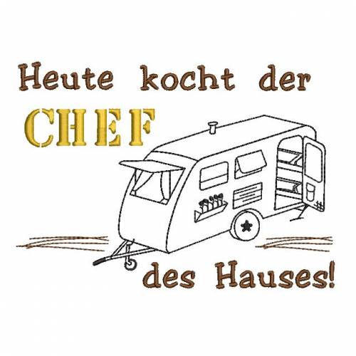 Stickdatei Camping für Geschirrtuch Schürze CHEF mit Wohnwagen
