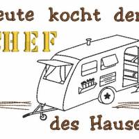 Stickdatei Camping für Geschirrtuch Schürze CHEF mit Wohnwagen Bild 1