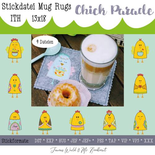 Digitale Stickserie JW Chick Parade Mug Rugs ITH 13x18 cm (5x7") Stickrahmen