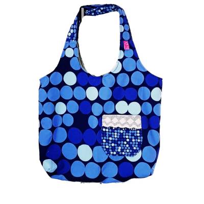 blaue Stofftasche mit Punkten und Außentasche, Unikat